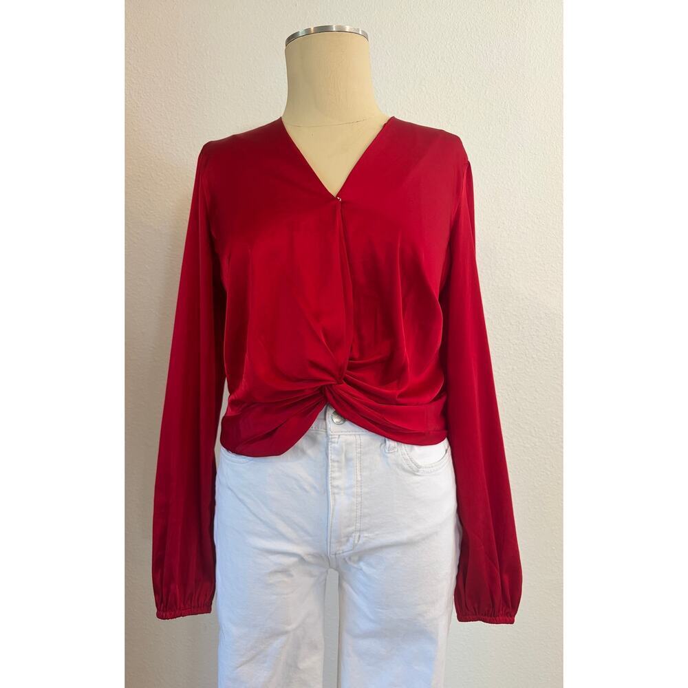 Haven Blair London Red Twist Front Blouse Womens Medium Long Sleeve V Neck Top - Picture 2 of 5